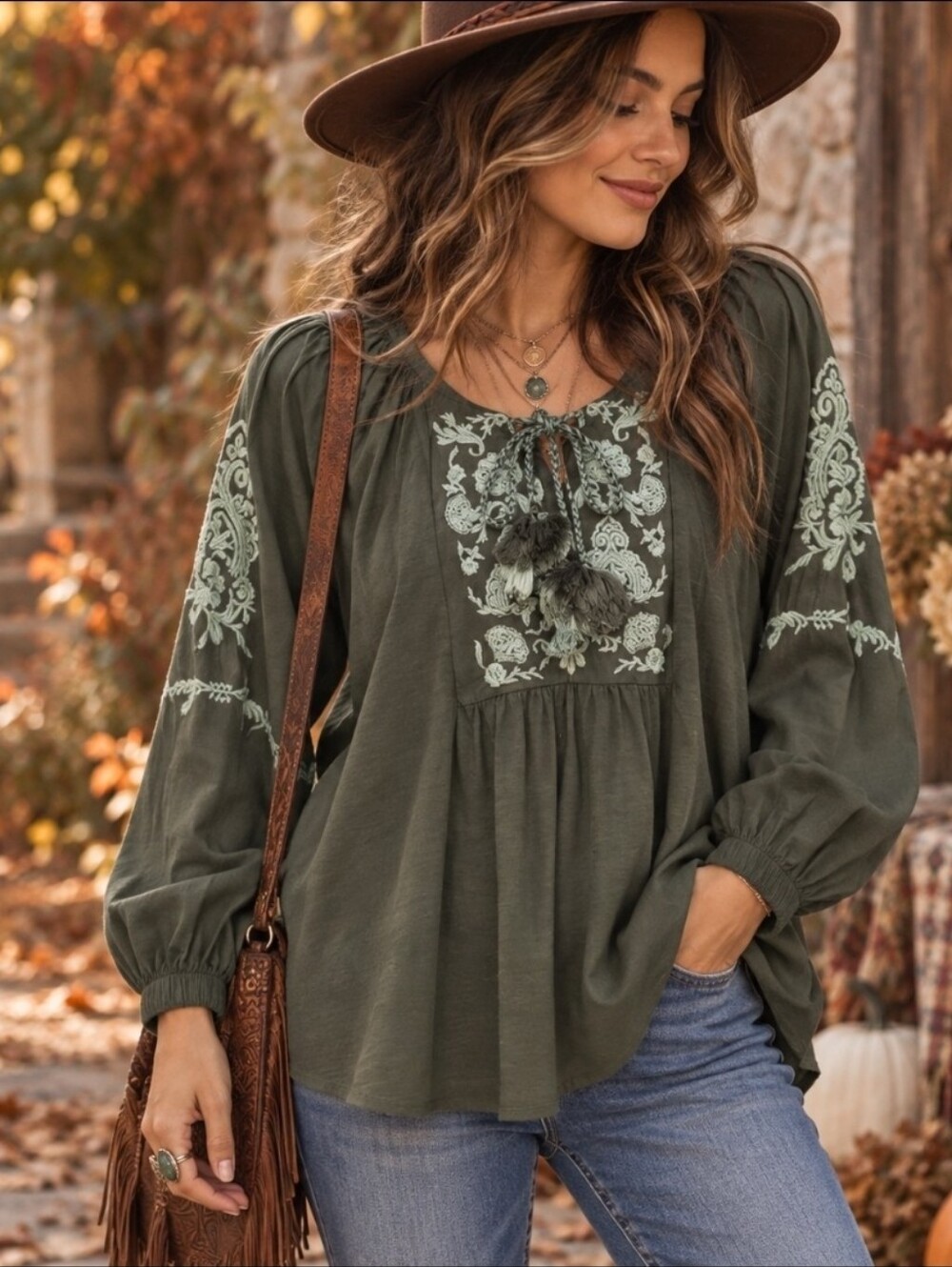 Bohemian Olive Green Split Neck Embroidered Long Sleeve Boho Top 2X